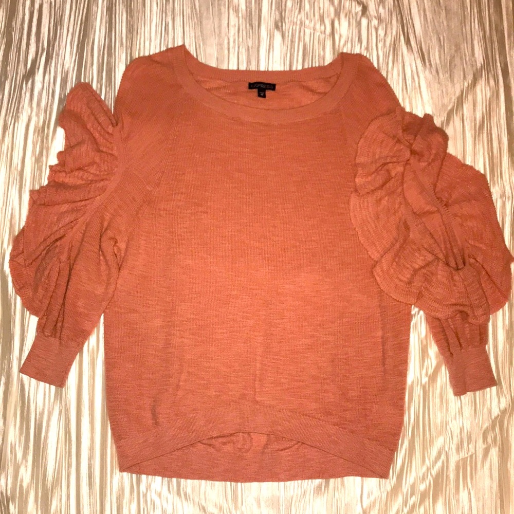 Express Orange Crew Neck Sweater with Ruffled Sleeves